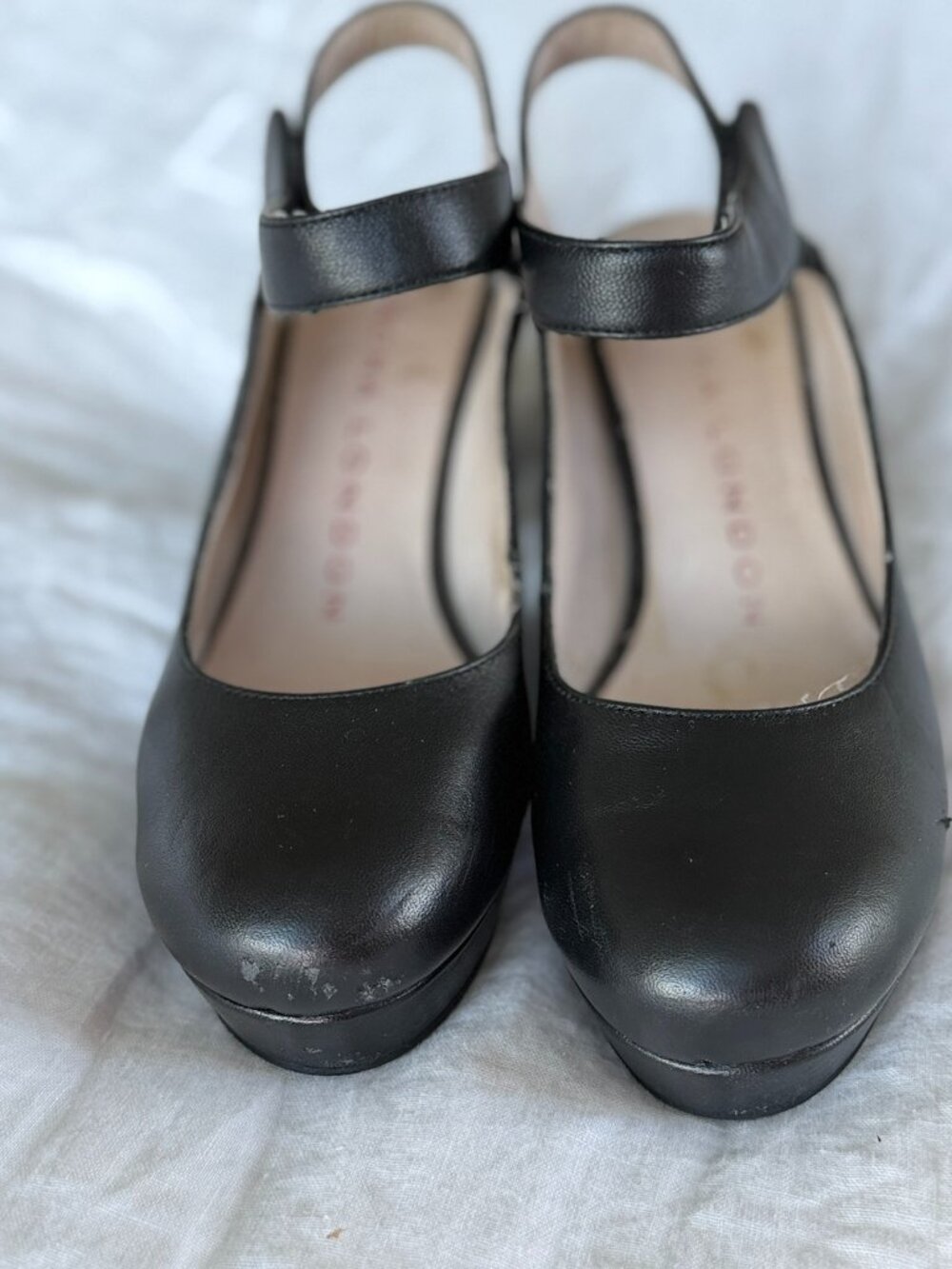 Sacha London Black Leather Platform Slingback Heels Velcro Ankle Strap 8
